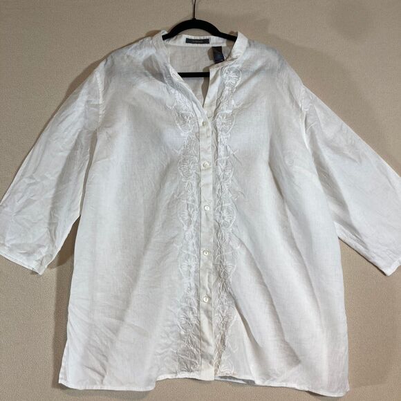 Liz Claiborne Linen Top 3X White Embroidery Button Up 3/4 Sleeve Country Coastal - Picture 1 of 10